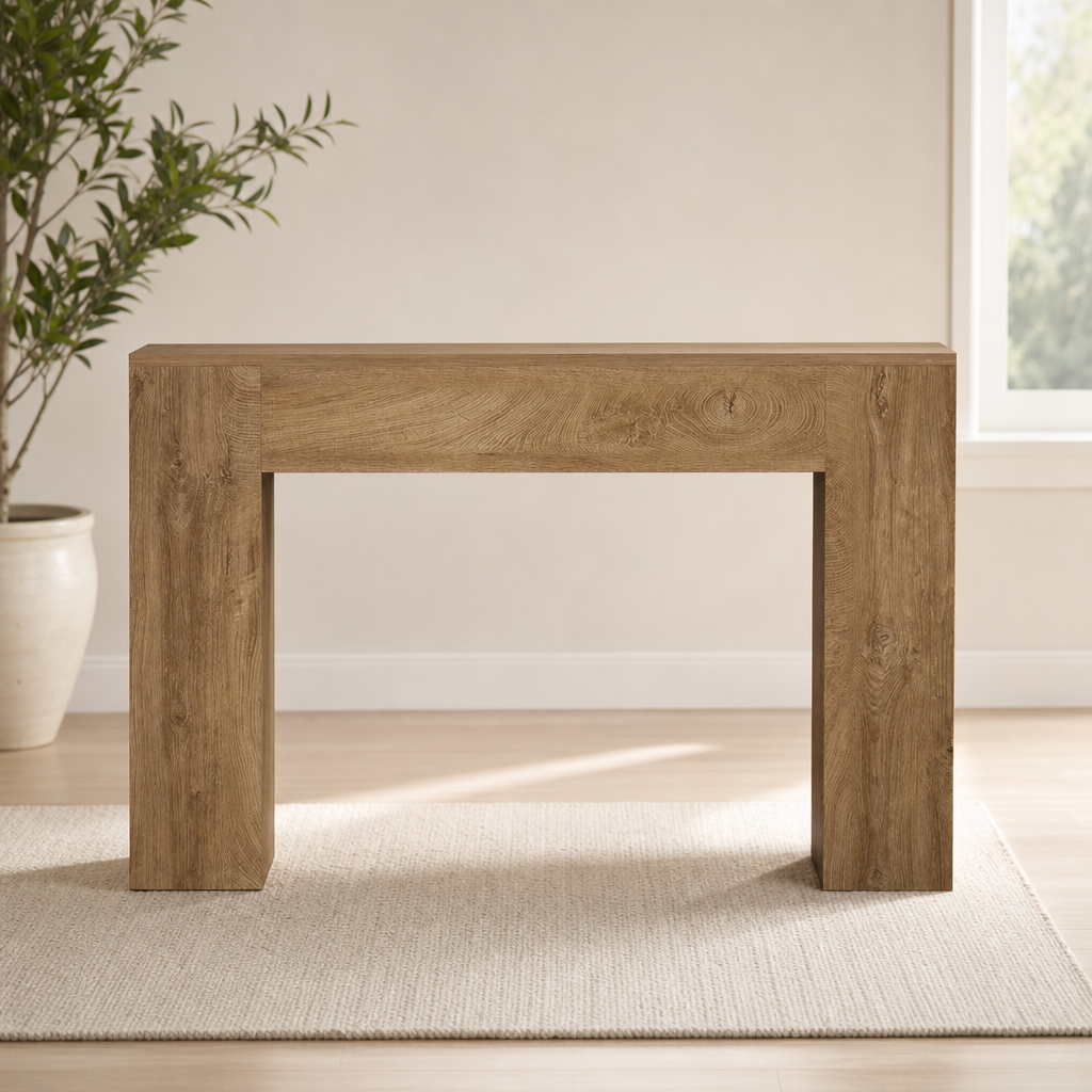 Console Table, 43-Inch Modern Farmhouse Light Oak Brown centered in a warm neutral furnished room