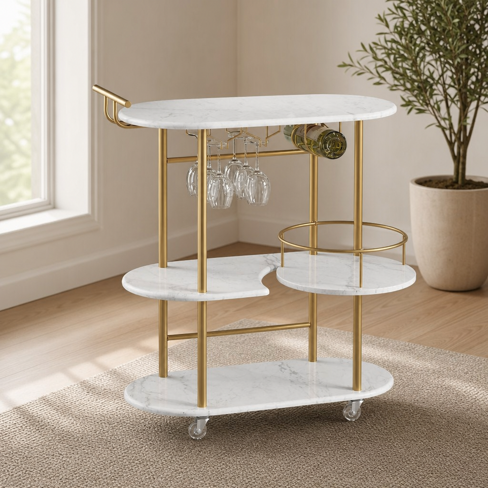 Gold Bar Carts with 4-Tier Storage Shelves, Mobile Bar Serving Cart with Wine Rack centered in a warm neutral furnished room