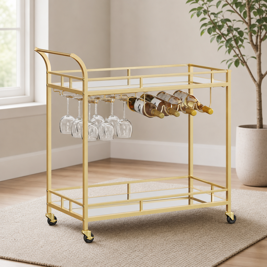 VASAGLE Bar Cart with 2 Mirrored Shelves, Wine Holders, Glass Holders centered in a warm neutral furnished room