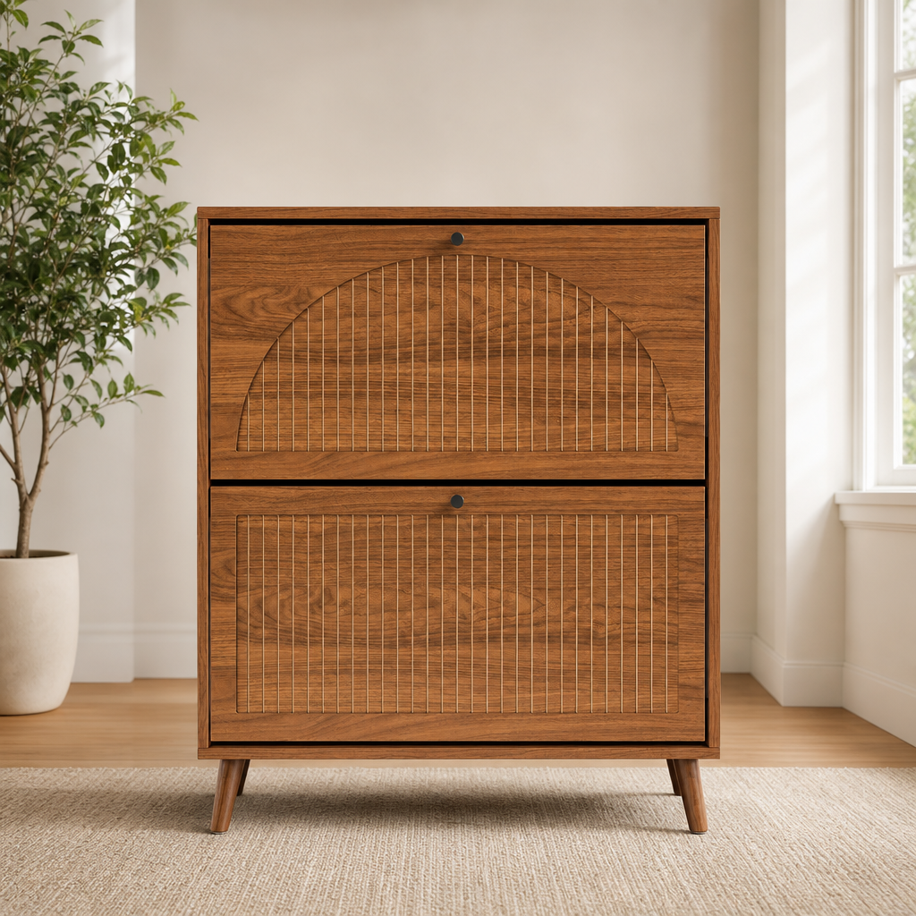 Walnut-finish slim shoe cabinet front view with fluted drawer panels, black knob handles and tapered wooden legs