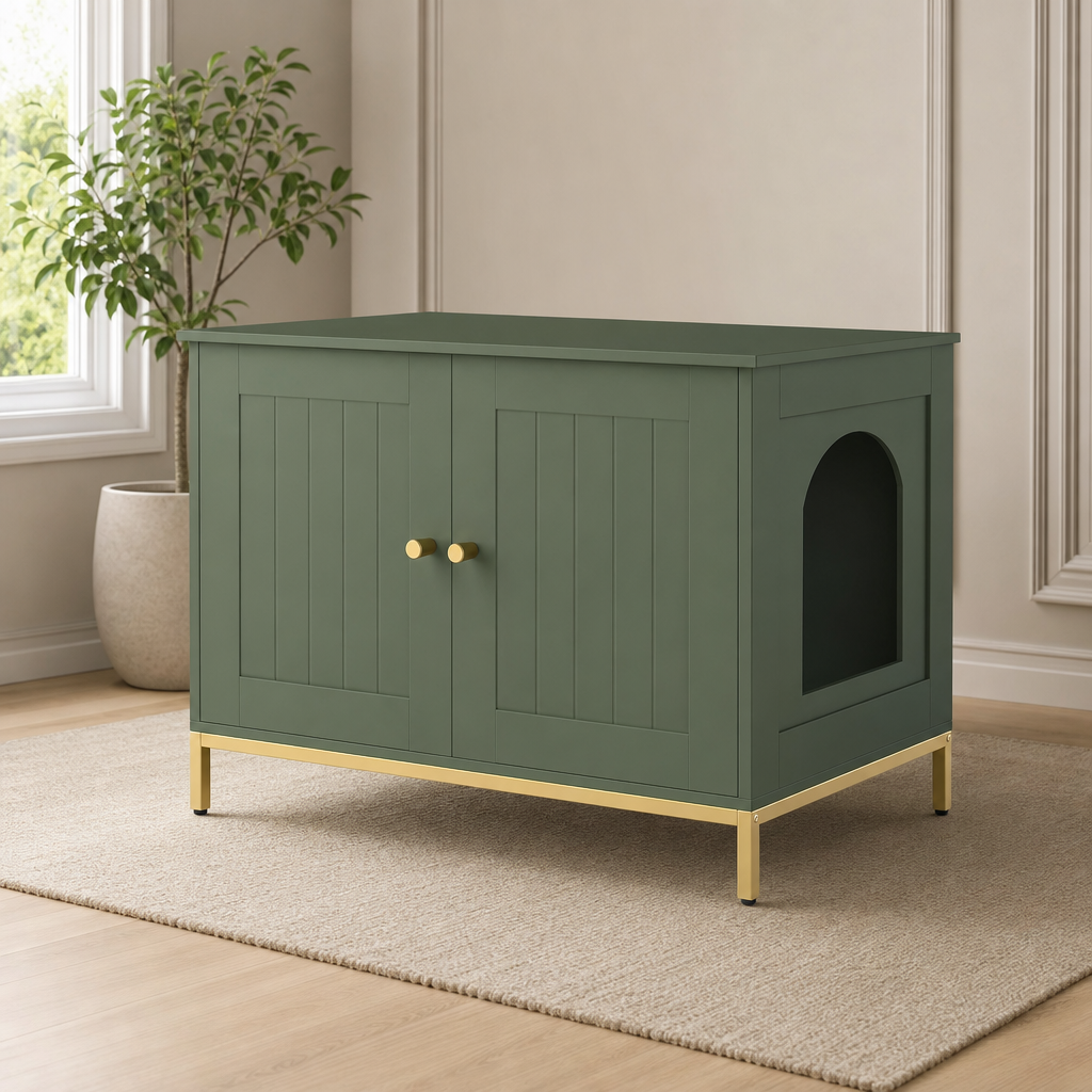 Homhedy 28.3" L Cat Litter Box Enclosure with Metal Frame, Green and Gold centered in a warm neutral furnished room