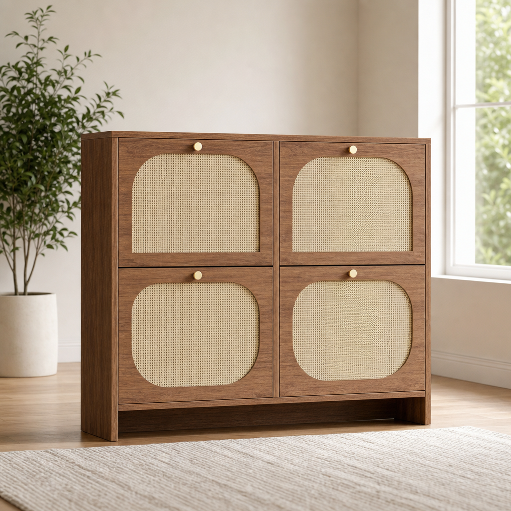 Nicetree Freestanding Ultra Slim Arched Rattan Accent Shoe Storage Cabinet for Ent centered in a warm neutral furnished room