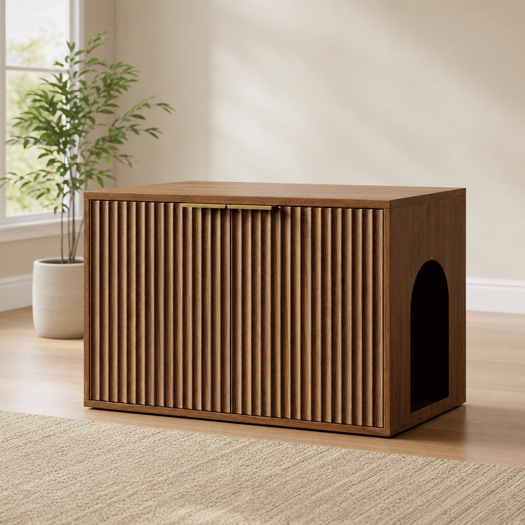 Evermagin 31.5" Cat Litter Box Enclosure Furniture centered in a warm neutral furnished room