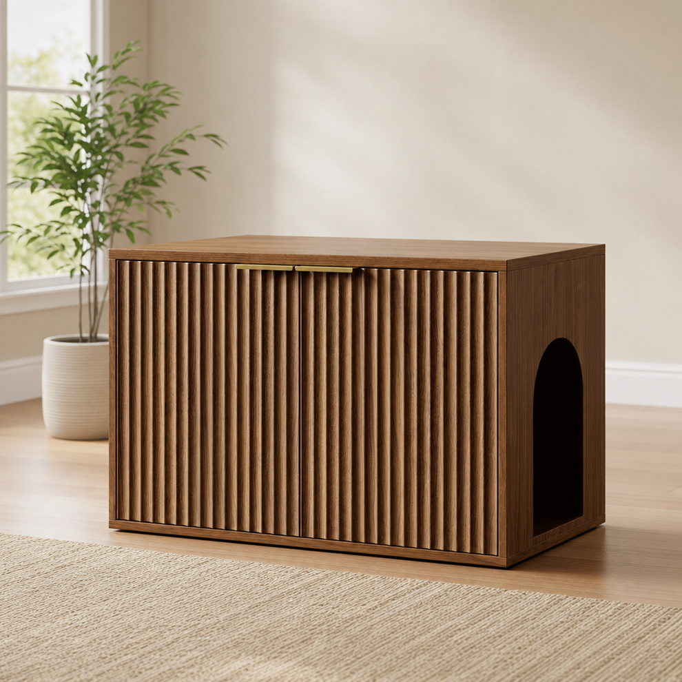 Evermagin 31.5" Cat Litter Box Enclosure Furniture centered in a warm neutral furnished room