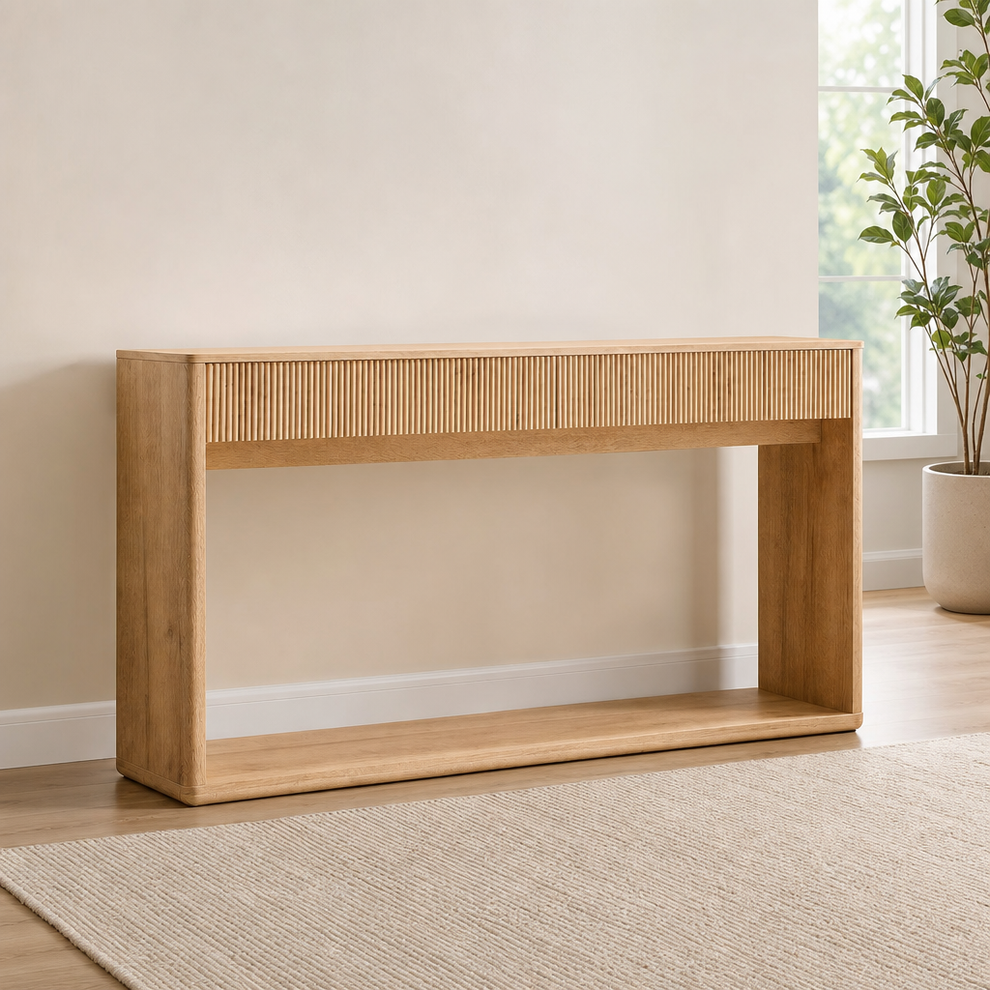 Natural oak fluted console table angled front view with bottom display shelf visible