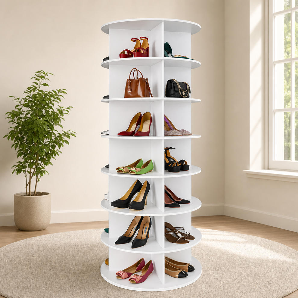 White rotating shoe rack tower in a bright living room on a round rug, angled front view showing shoes and handbags