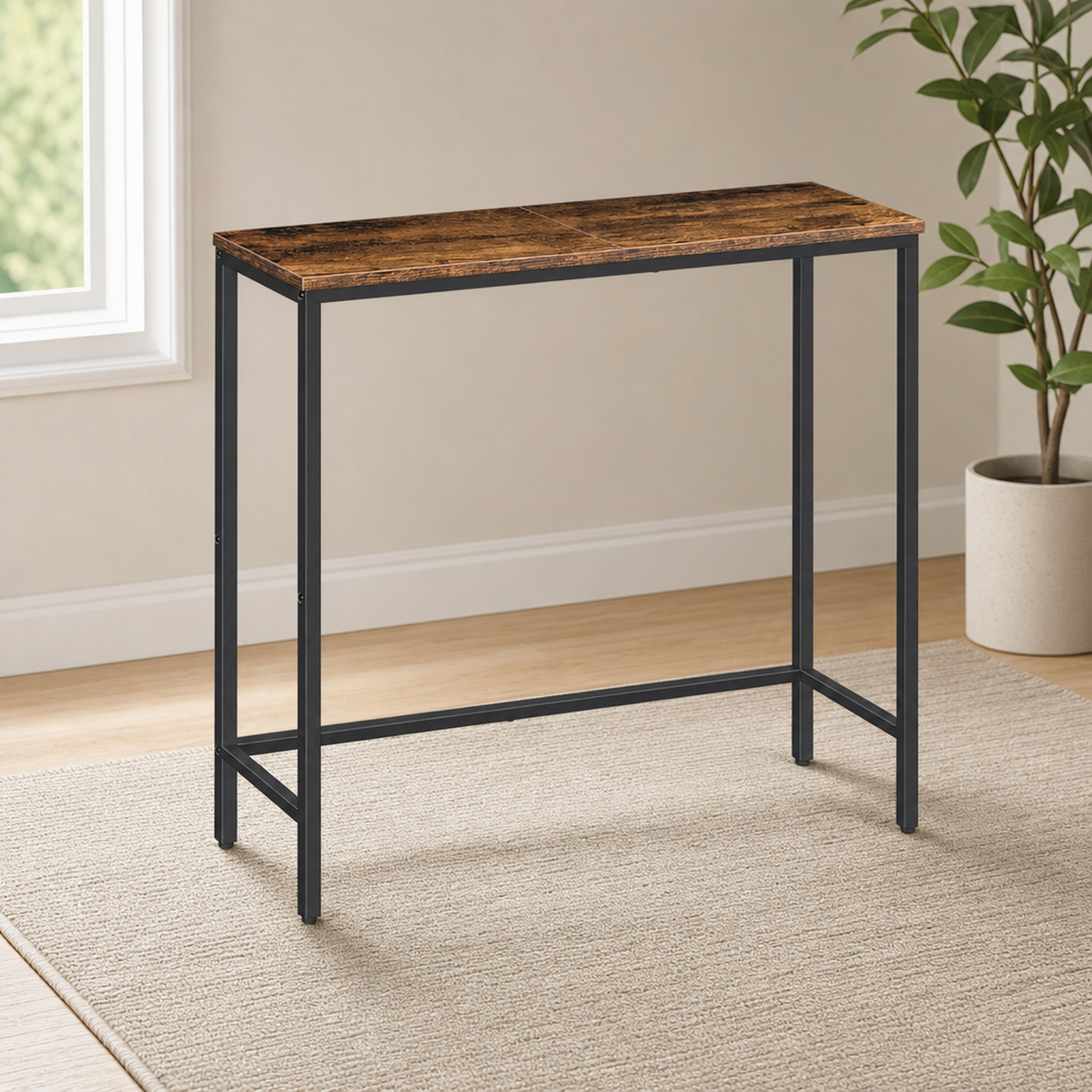 Rustic brown and black console table shown in a bright room