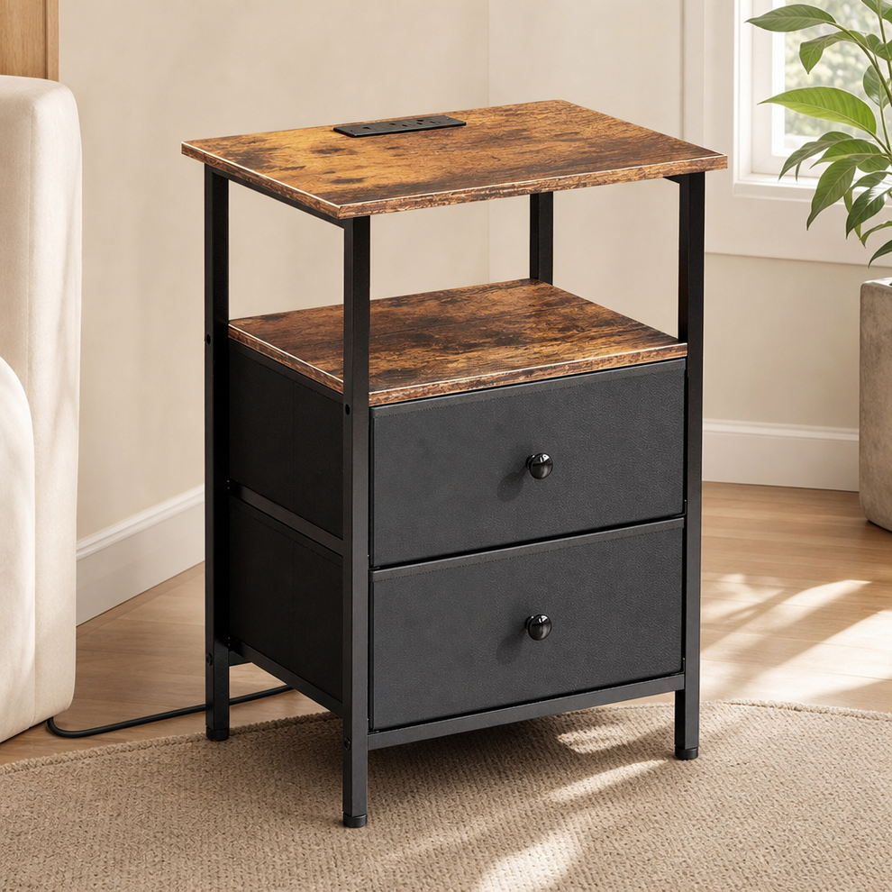 Nightstand with Charging Station, Two Fabric Drawers and Open Shelf centered in a warm neutral furnished room