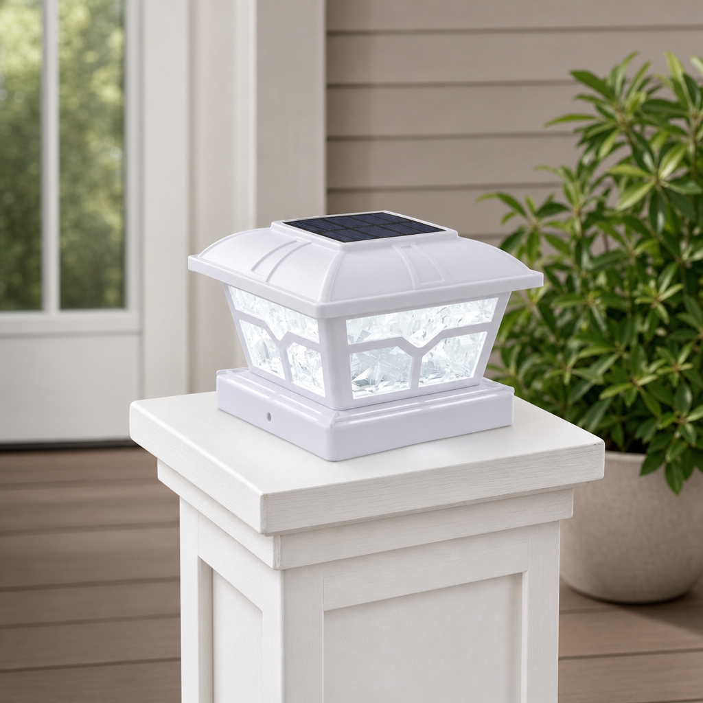 Fence and Deck Post Cap Lights centered in a warm neutral furnished room