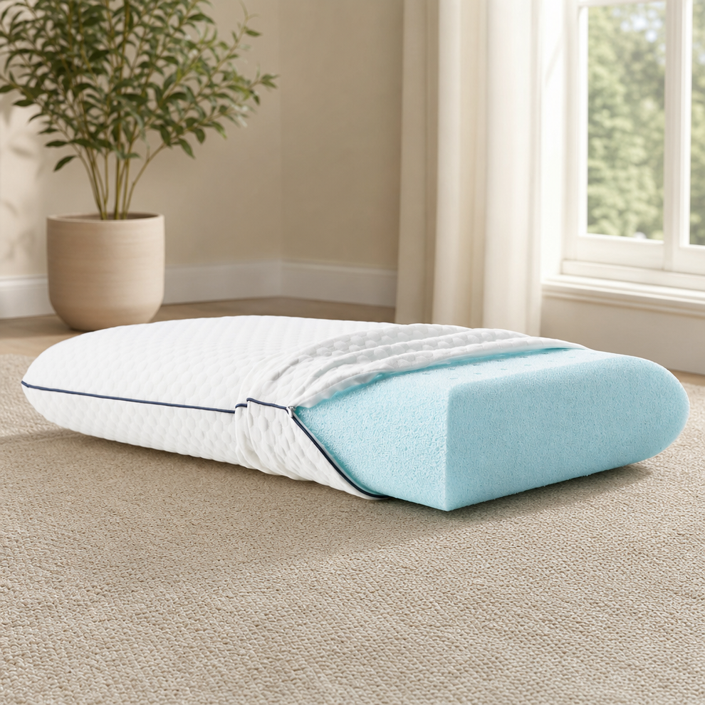 Gel-Infused Ventilated Memory Foam Pillow with Washable Quilted Cover — Medium-Fir centered in a warm neutral furnished room