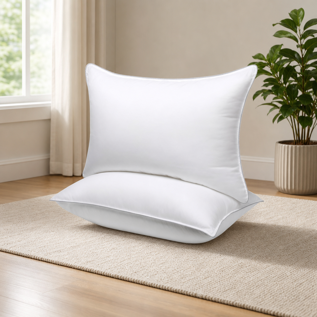 White microfiber pillows stacked on a rug near a sunlit window, angled front view showing piped edges and loft