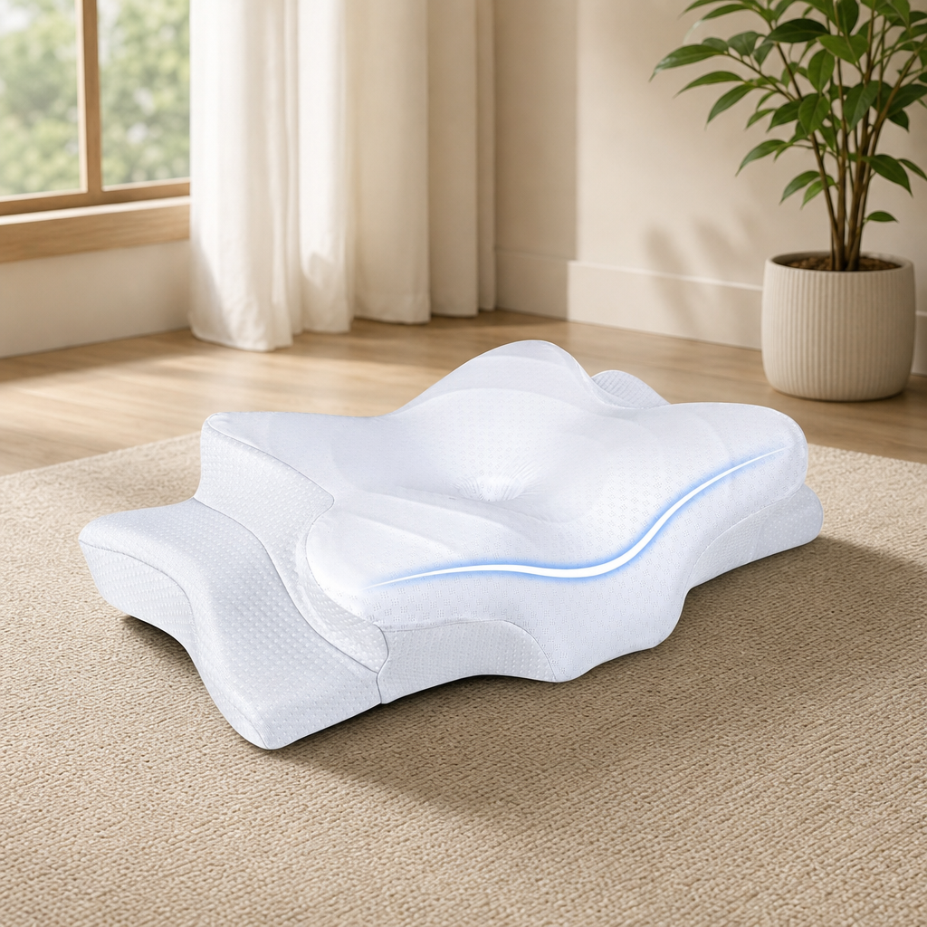 Queen Memory Foam Contour Neck Pillow — Ergonomic Hollow Concave, Adjustable Heigh centered in a warm neutral furnished room