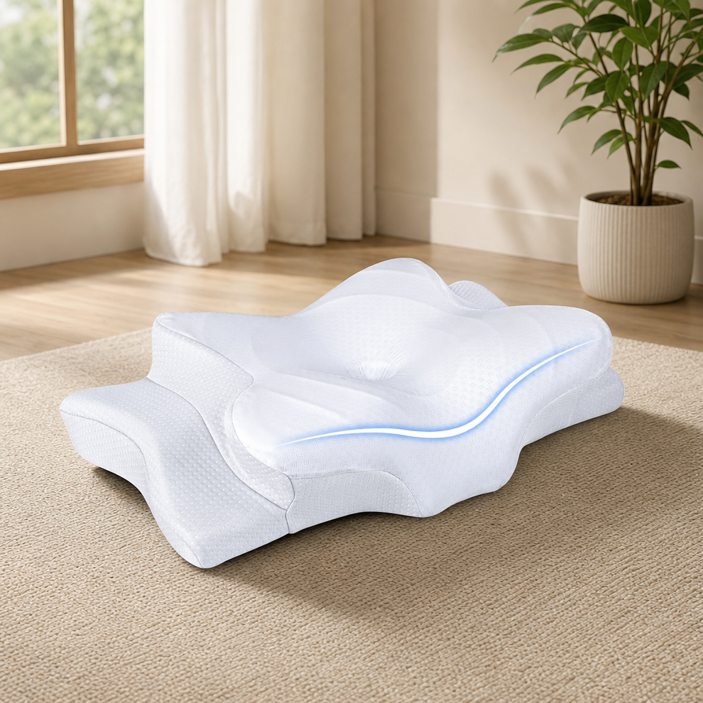 Queen Memory Foam Contour Neck Pillow — Ergonomic Hollow Concave, Adjustable Heigh centered in a warm neutral furnished room