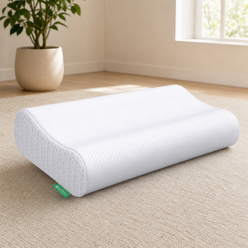 Memory Foam Pillow — Adjustable Contour, Multiple Sizes centered in a warm neutral furnished room