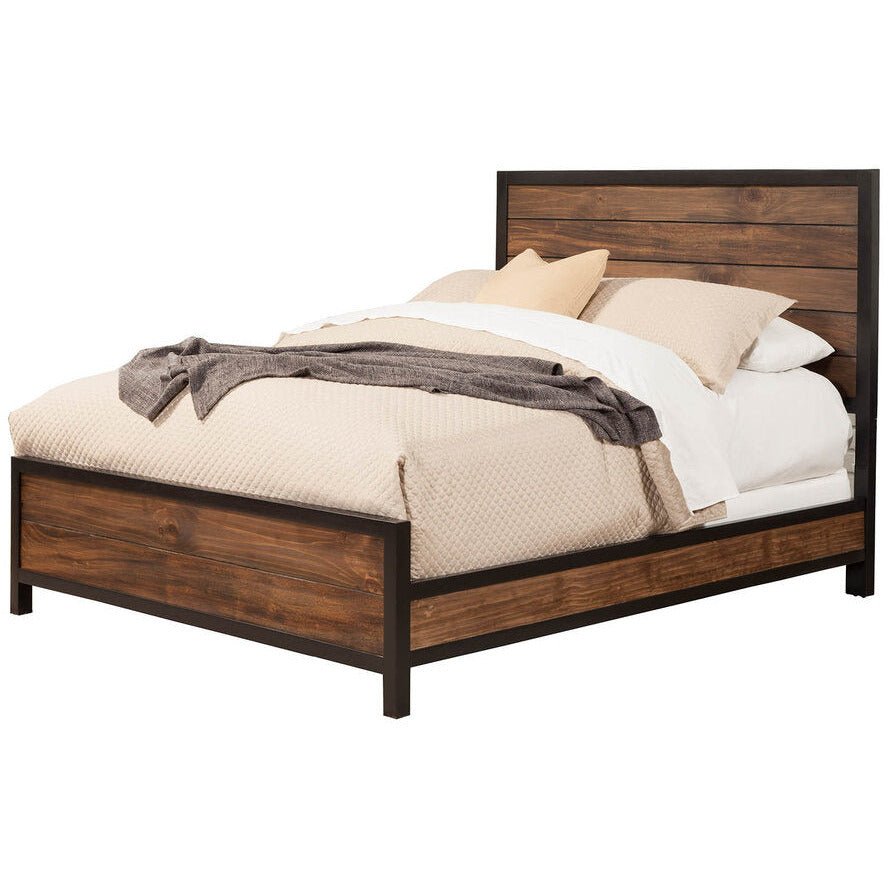 Dark wood bed with black frame shown at an angled front view
