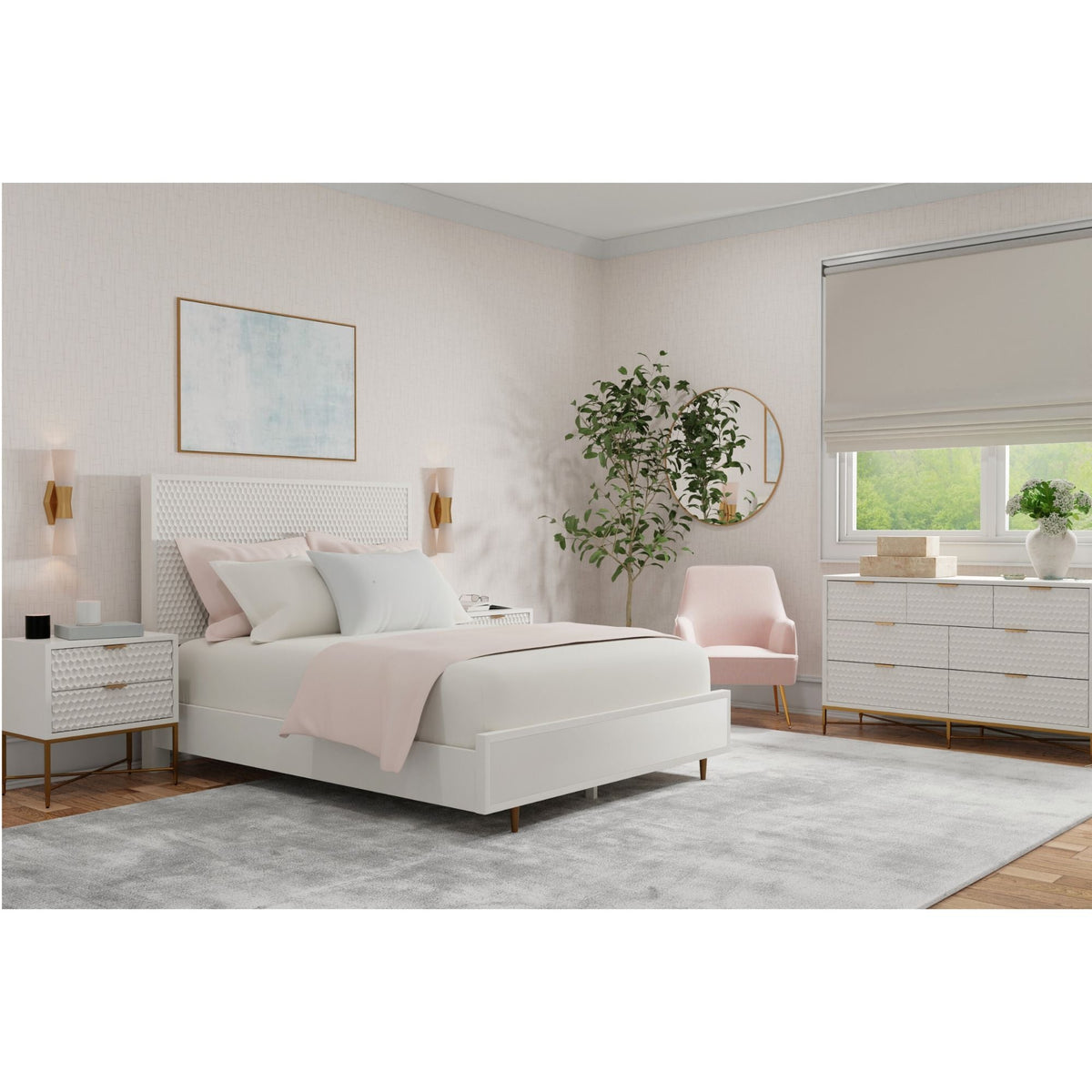 White Pearl Queen Panel Bed