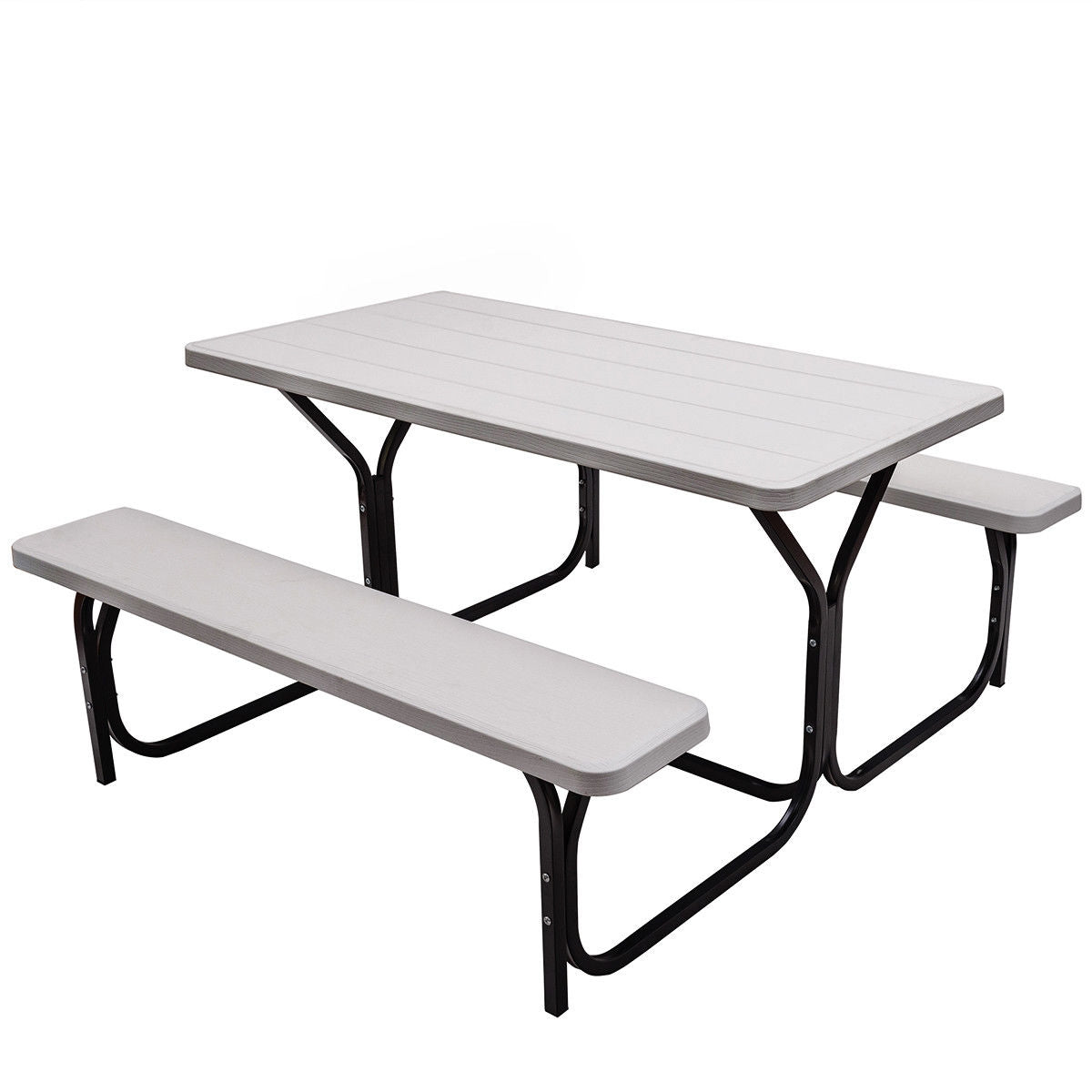 Gray tabletop and two matching benches shown at an angle against a white background, with black metal supports.