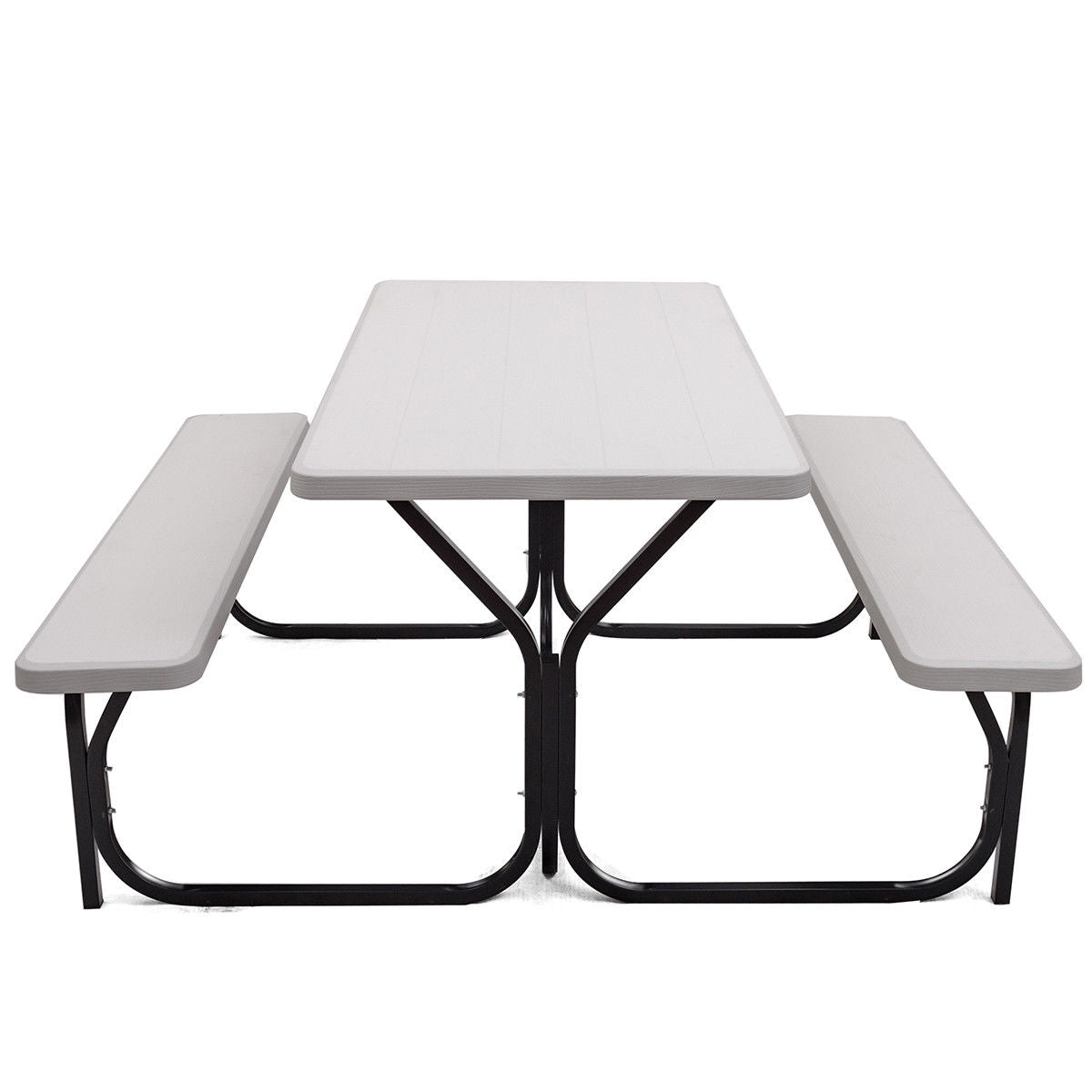 Picnic table and parallel benches viewed head-on against a white background, showing their black metal frames.