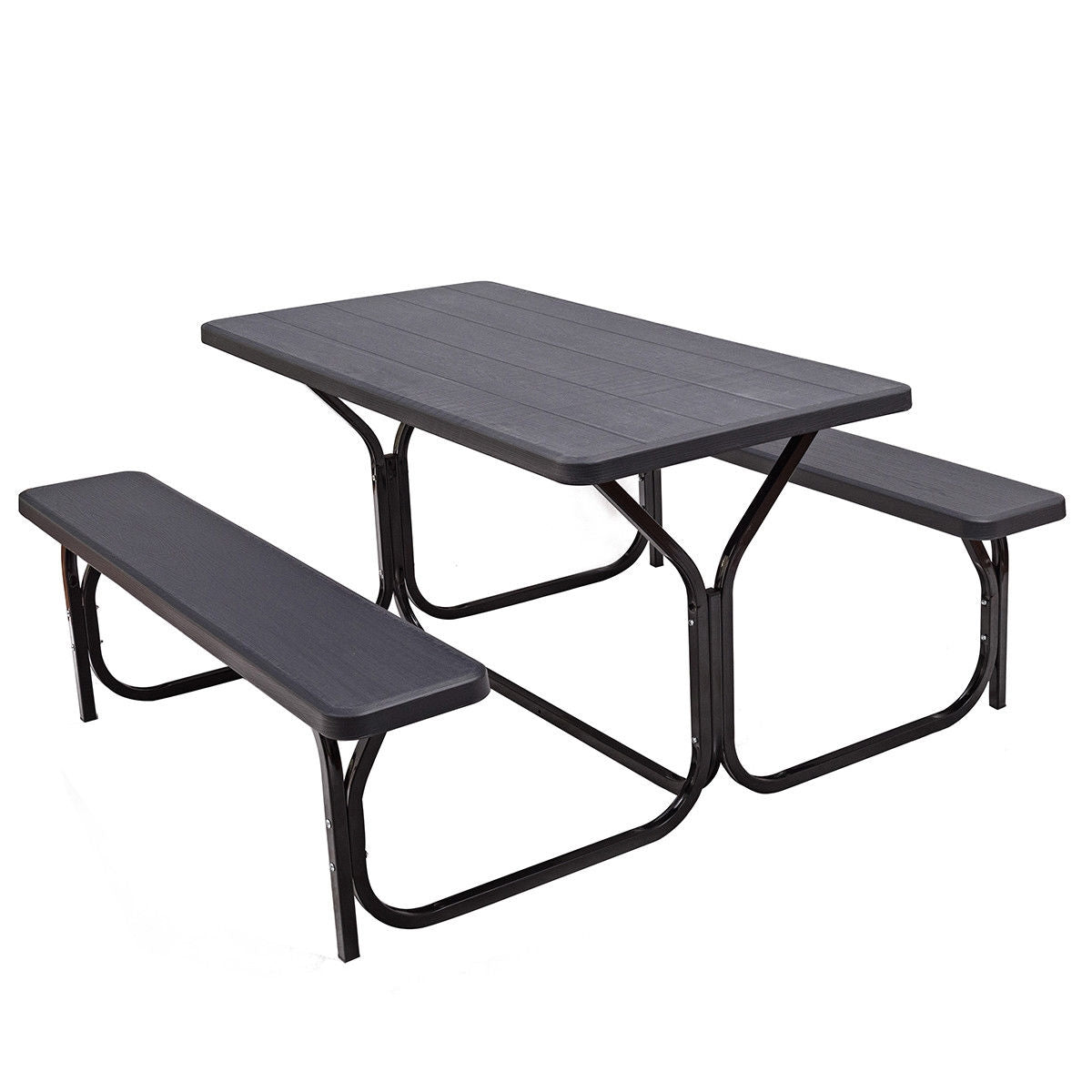 Three-quarter view of a dark picnic table with two matching benches and curved metal supports.