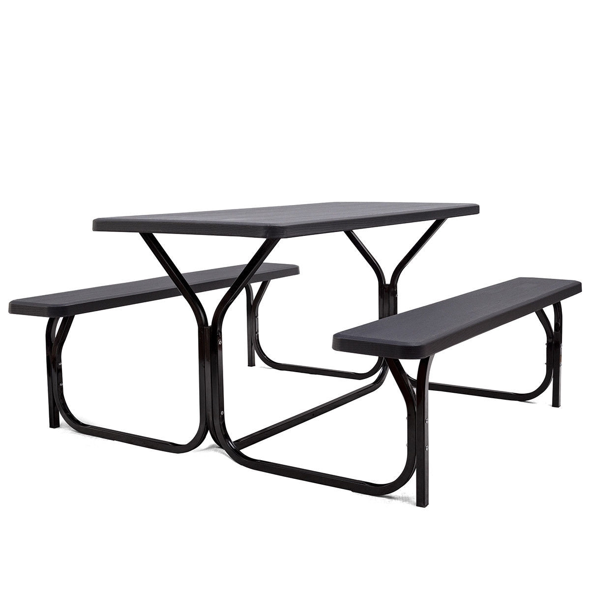 Picnic table set viewed from the opposite side, showing the tabletop, two benches, and curved supports.